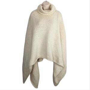 Gleneden Merino Wool Thick Knit Poncho Quiet Luxury Cream Turtle Neck Cottagecor